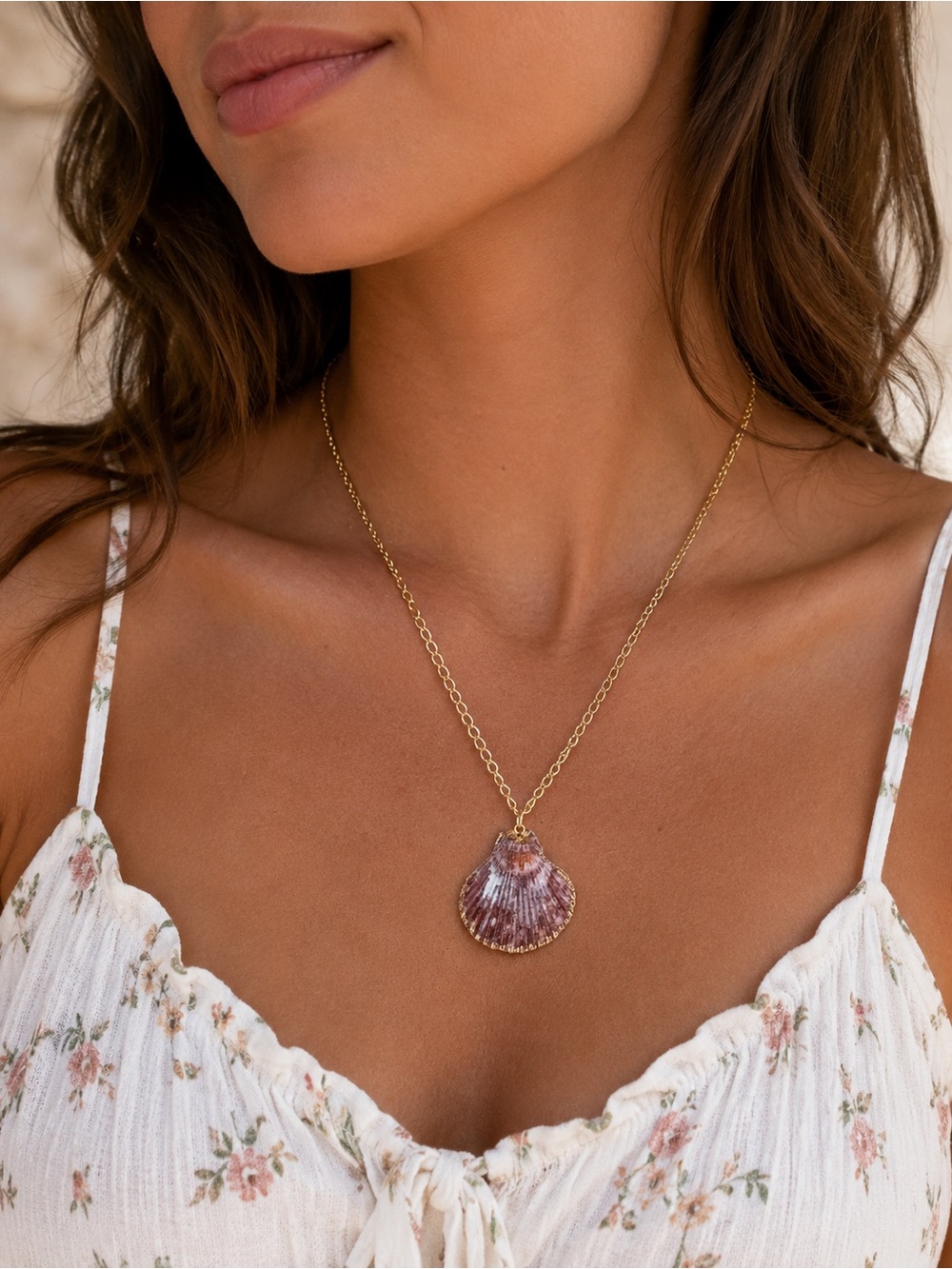 Hand crafted seashell charm necklace burgundy 17.5”